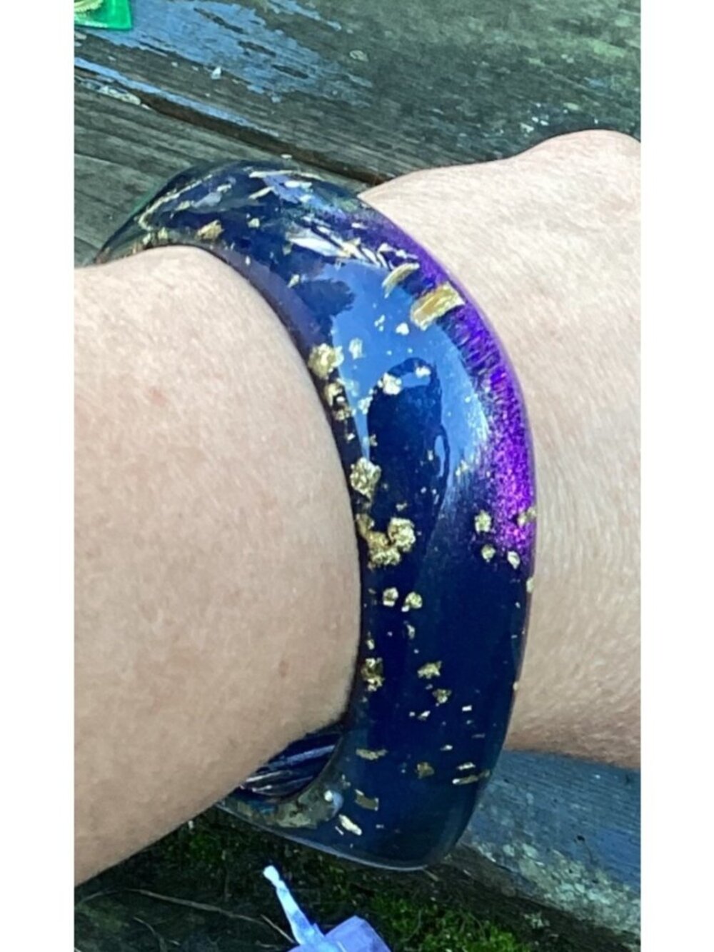 Chunky Blue Lucite Bangle Bracelet with Encased Gold Leaf Iridescent Highlights